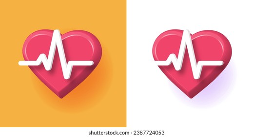 Icono de latido cardíaco 3d vector, frecuencia de pulso electrocardiograma representación cartografía ilustración de color rojo amarillo clipart, línea de ekg cardiograma, símbolo de diagnóstico de ritmo cardíaco