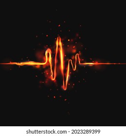 Heart beat 3D wave on dark background. Abstract heartbeat or cardiogram in form of fire with sparks.