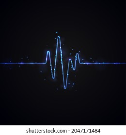 Heart beat 3D wave on dark background. Abstract heartbeat or cardiogram in form of fire with sparks. Digital music sound energy vector network. Futuristic wireframe curve of cardiology rhythm.