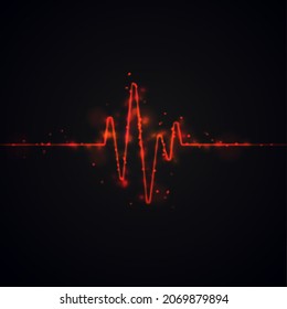 Heart Beat 3D Wave On Dark Background. Abstract Heartbeat Or Cardiogram In Form Of Fire With Sparks. Digital Music Sound Energy Vector Network. Futuristic Wireframe Curve Of Cardiology Rhythm.