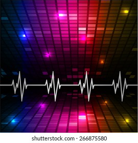 Heart beat, cardiogram. Pulse icon. blue pink yellow background. Mosaic table, pixels