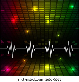 Heart beat, cardiogram. Pulse icon. red yellow green background. Mosaic table, pixels