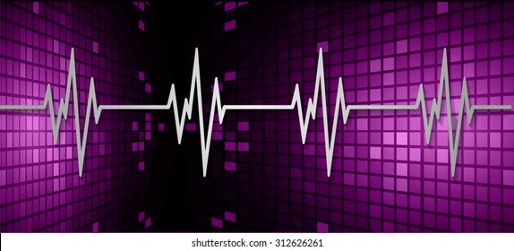 Heart beat, cardiogram. Pulse icon. pixel. Sound waves oscillating glow purple light, Abstract technology background. Vector.