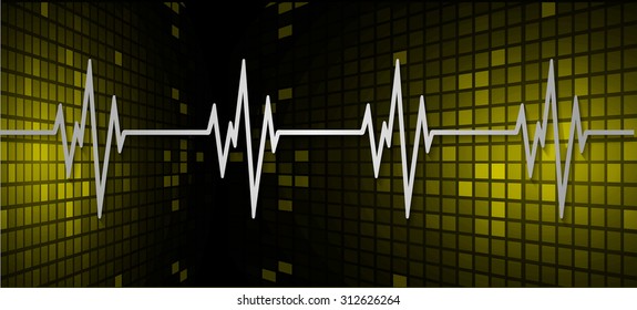 Heart beat, cardiogram. Pulse icon. pixel. Sound waves oscillating glow yellow light, Abstract technology background. Vector.