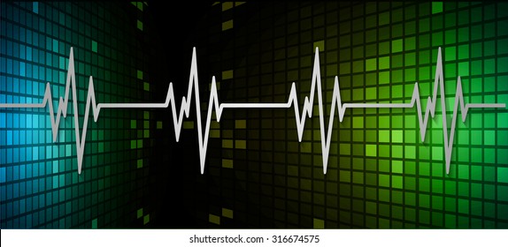 Heart beat, cardiogram. Pulse icon. pixel. Sound waves oscillating glow blue green light, Abstract technology background. Vector.