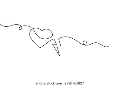 Batimento cardíaco desenho contínuo de uma linha com raio em estilo minimalista de ilustração vetorial