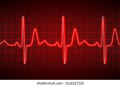 Heart beat ecg or ekg seamless neon line on red background. Electrocardiogram graph of healsh cardio rate. Examination of human health. Medicine test cardiac rhythm and pulsating inteval.