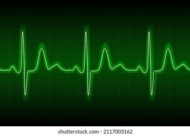 Heart beat ecg or ekg seamless neon line on green background. Electrocardiogram graph of healsh cardio rate. Examination of human health. Medicine test cardiac rhythm and pulsating inteval.