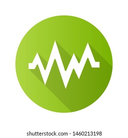 Heart beat green flat design long shadow glyph icon. Sound and audio wave. Heart rhythm, pulse. Music frequency, digital soundwave. Soundtrack playing amplitude. Vector silhouette illustration
