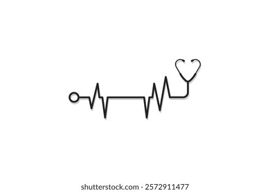 heart beat icon combined with stethoscope in black color