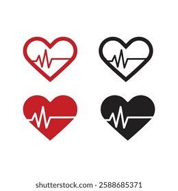 Heart beat icon set. Heart shape with pulse line. Vector illustration