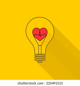 Heart beat in a light bulb. Flat long shadow abstract concept