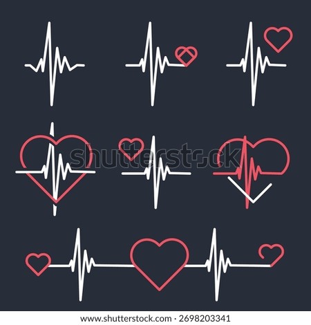 heart beat line pulse rhythm icon. Love line pulse rhythm icon set collection