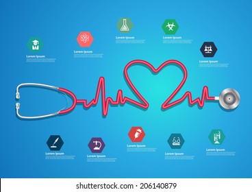 Heart beat line of stethoscope with trendy science icons, Info graphics banner modern design template workflow layout, diagram, step up options, Vector illustration