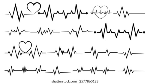 Heart beat line. Thin line vector set of signs for infographic, logo, app development and website design. Heart rhythm set, Electrocardiogram, ECG EKG signal