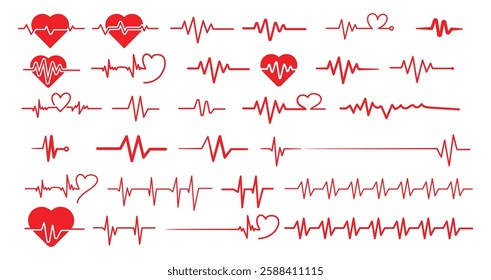 Heart beat line. Thin line vector set of signs for infographic, logo, app development and website design. Heart rhythm set, Electrocardiogram, ECG EKG signal