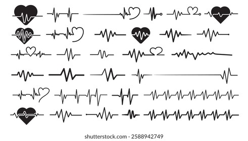 Heart beat line. Thin line vector set of signs for infographic, logo, app development and website design. Heart rhythm set, Electrocardiogram, ECG EKG signal