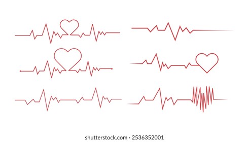 Conjunto de signos de Vector de diseño lineal de latido cardíaco. Concepto de medicina. Icono plano del pulso del latido del corazón para los App médicos y los Sitios web. Logotipo del corazón del cardiograma del símbolo en estilo lineal