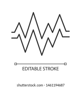 Heart beat linear icon. Thin line illustration. Sound, audio wave. Heart rhythm, pulse. Music frequency. Soundtrack playing amplitude. Contour symbol. Vector isolated outline drawing. Editable stroke