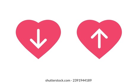 Heart beat low high pulse rate icon flat vector graphic set, heartbeat rhythm min max arrows symbol illustration set, simple blood pressure hypertension up down alert notice pictogram image clipart