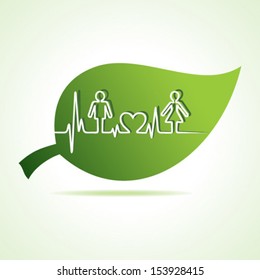 Heart beat make male,female and heart symbol at leaf stock vector