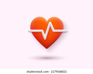 Heart with beat monitor pulse line art icon for medical apps and websites. Heart pulse, heartbeat lone, cardiogram. 3D Web Vector Illustrations. 