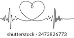 Heart beat one line. Continuous lines heart beats drawing. Wave pulse. Hand draw heartbeat. Design heartbeat for print. Black silhouette cardiogram isolated on white background. Vector.