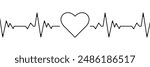 Heart beat one line. Continuous lines heart beats drawing. Wave pulse. Hand draw heartbeat. Design heartbeat for print. Black silhouette cardiogram isolated on white background. Vector illustration