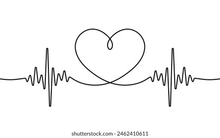 Heart beat one line. Continuous lines heart beats drawing. Wave pulse. Hand draw heartbeat. Design heartbeat for print. Black silhouette cardiogram isolated on white background. Vector illustration