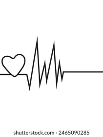 Heart beat one line. Continuous lines heart beats drawing. Wave pulse. Hand draw heartbeat. Design heartbeat for print. Black silhouette cardiogram isolated on white background. EPS 10
