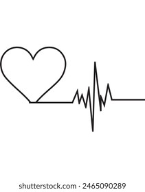 Heart beat one line. Continuous lines heart beats drawing. Wave pulse. Hand draw heartbeat. Design heartbeat for print. Black silhouette cardiogram isolated on white background. EPS 10