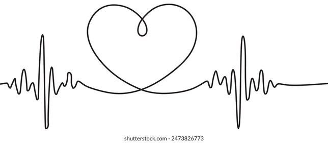 Heart beat one line. Continuous lines heart beats drawing. Wave pulse. Hand draw heartbeat. Design heartbeat for print. Black silhouette cardiogram isolated on white background. Vector.