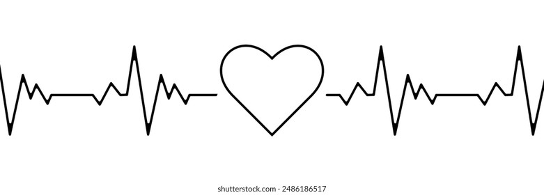 Heart beat one line. Continuous lines heart beats drawing. Wave pulse. Hand draw heartbeat. Design heartbeat for print. Black silhouette cardiogram isolated on white background. Vector illustration