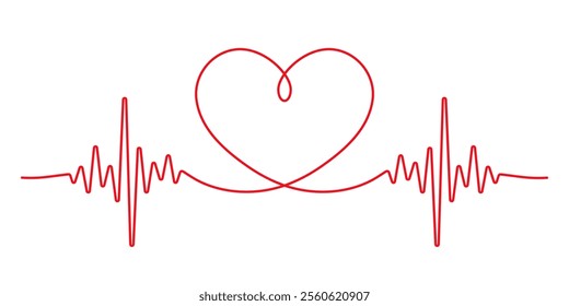 Heart beat one line. Continuous lines heart beats drawing. Wave pulse. Hand draw heartbeat. Design heartbeat for print. Red silhouette cardiogram isolated on white background. Vector illustration