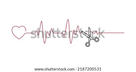 Heart beat pulse line cut off scissors vector illustration. Concept end of life outline style