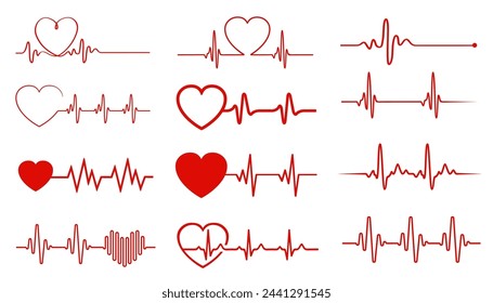 Heart beat pulse one line, hand drawn cardiogram wave set sign, continuous lines heart beats, heartbeat ekg collection