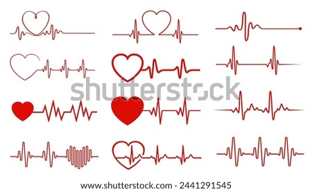 Heart beat pulse one line, hand drawn cardiogram wave set sign, continuous lines heart beats, heartbeat ekg collection