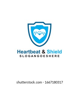 Heart beat pulse and shield Coloured Blue Logo Template Design Vector for business medical, Emblem, Design concept, Creative Symbol, Icon