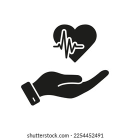 Heart Beat Rate Frequency Symbol. Emergency Help and Diagnosis. Heartbeat with Human Hand Glyph Icon. Cardiogram Icon. Cardiac Treatment Silhouette Pictogram. Isolated Vector Illustration.