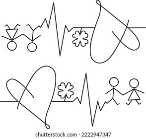 heart beat tatto with 2 children boy and girl, heart and clover