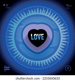 Heart beat user interface. Love mechanics concept. Saint Valentine's deign. Blue electronic neon vector illustration. Abstract pulse metrics, circles, flat round shapes. Infographic pattern background