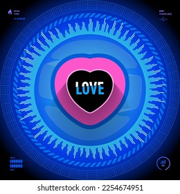 Heart beat user interface. Love mechanics concept. Saint Valentine's design. Blue neon vector monitoring illustration. Abstract pulse metrics, circles, flat round shapes. Futuristic pattern background