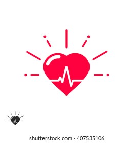 Heart beat vector icon with cheering rays, good healthy heart shape with beat line inside flat cartoon illustration design isolated on white background