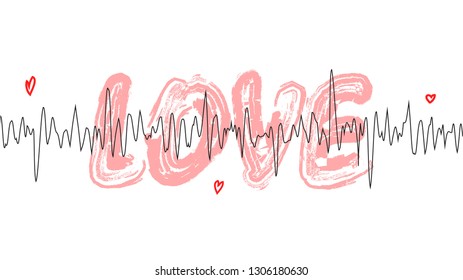 Heart Beating to the Rhythm of Love. Creative Valentines Banner with Cardiogram in Love. Vector Illustration