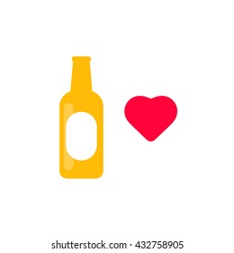 Heart with beer bottle. Illustration flat vector icon on white background. 