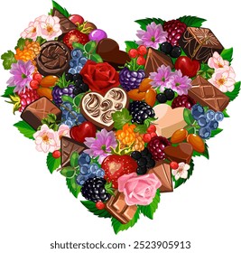 Heart with berries and sweets.Illustration with chocolates, berries and flowers arranged in the shape of a heart on a transparent background.