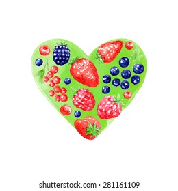 Heart of berries. Vector watercolor background. Strawberry, currant, blackberries, raspberries, cranberries.