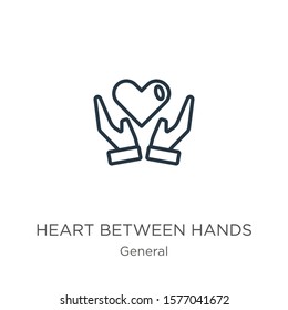 Heart between hands icon. Thin linear heart between hands outline icon isolated on white background from general collection. Line vector sign, symbol for web and mobile