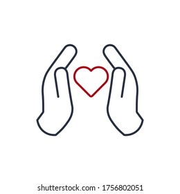 Herz zwischen den Händen linearen Symbol, halten Liebe, Liebesschutz Konzept. Stock-Vektorgrafik einzeln auf weißem Hintergrund.