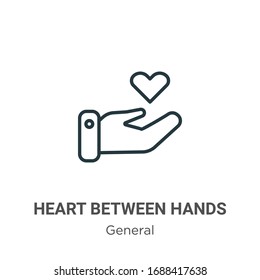 Heart between hands outline vector icon. Thin line black heart between hands icon, flat vector simple element illustration from editable general concept isolated stroke on white background